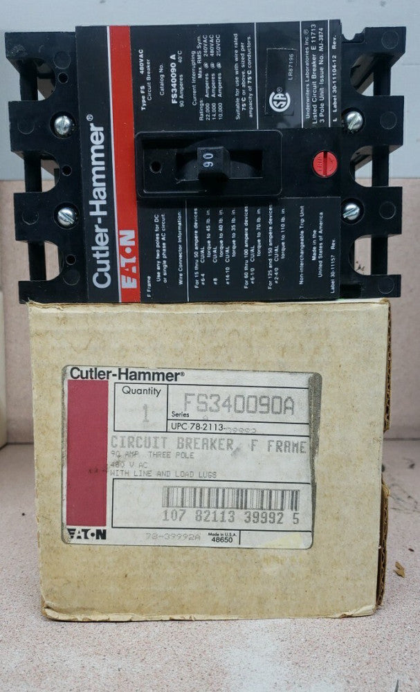 NEW EATON CUTLER HAMMER  FS340090A  90AMP  480VAC  3POLE TYPE FS  OLD STOCK