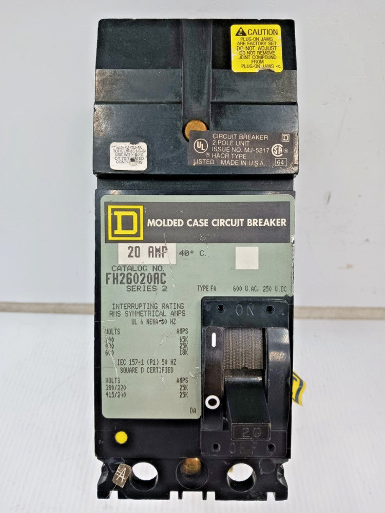 Square D 20 Amp I-Line Molded Case Circuit Breaker 2 Pole 600 VAC FH26020AC
