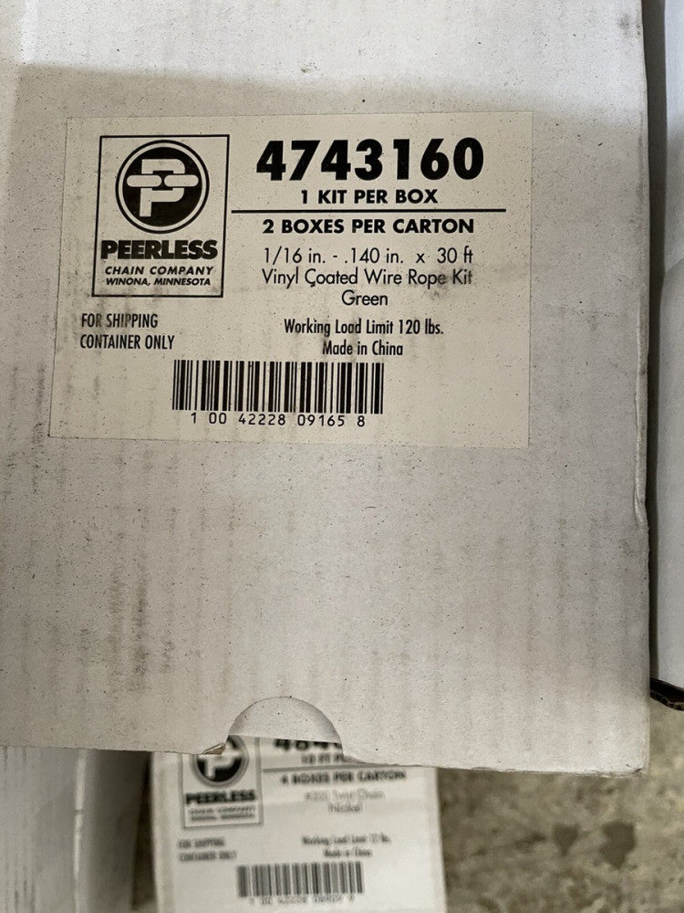 PEERLESS 1/16"-.140" X 30' VINYL COATED WIRE ROPE KIT GREEN 120 LBS (2 PER CASE)