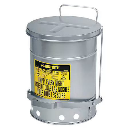 Justrite 09504 Oily Waste Can,14 Gal.,Steel,Silver