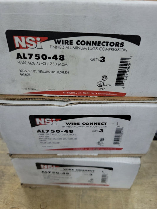 1 BOX OF  3 NSi AL750-48 Wire Connectors Aluminum Compression Lugs Single Hole 