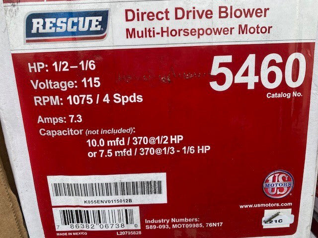 RESCUE 5460 DIRECT DRIVE BLOWER MOTOR Multi-Horsepower 1/2 to 1/6 HP 1075 RPM