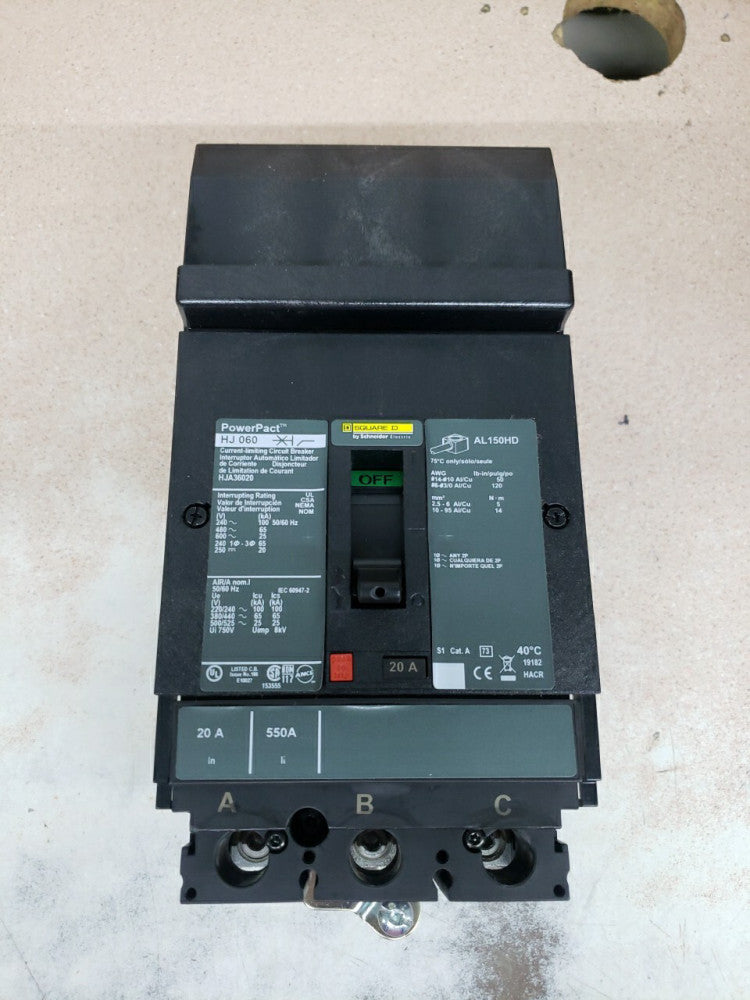 1) New No Box! Square D HJA36020 3 Pole 20 Amp 600 Vac PowerPact Circuit Breaker