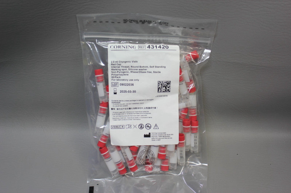 NEW PACK OF 50 CORNING 2.0mL CRYOGENIC VIALS RED CAP 431420