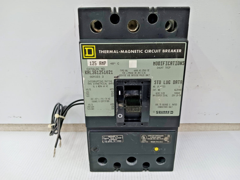 Square D 125 Amp Thermal-Magnetic Circuit Breaker 3P 600V KAL361251021 W/ Shunt