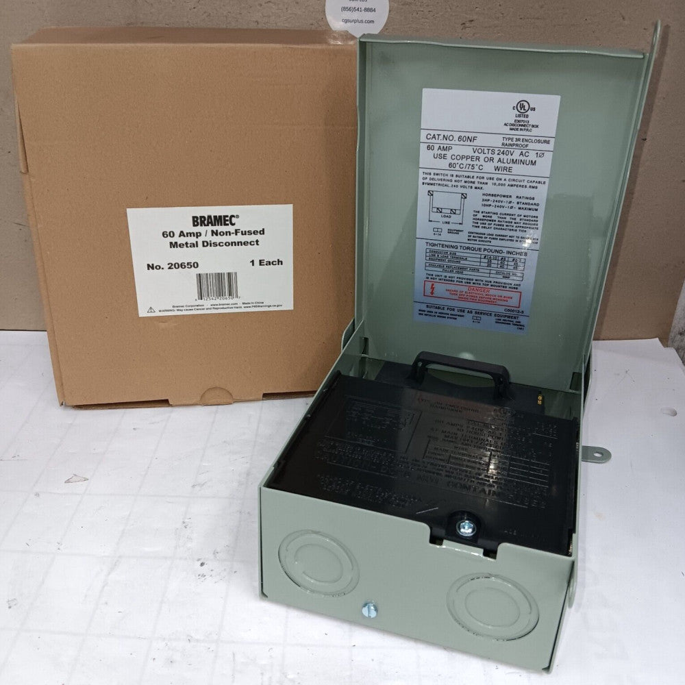 NEW BRAMEC 60 AMP DISCONNECT SWITCH NON-FUSED 240 VAC 1-PHASE 20650 60NF