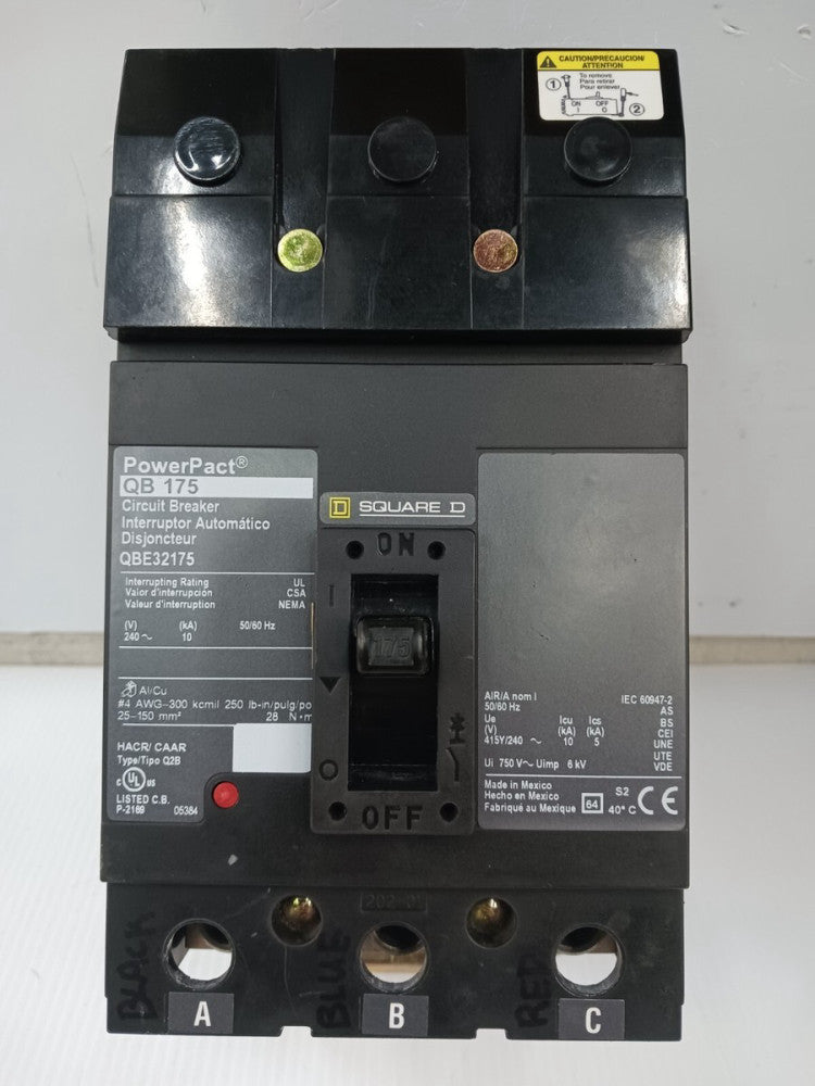 SQUARE D POWERPACT 175 AMP I-LINE CIRCUIT BREAKER 3 POLE 240 VAC QBE32175