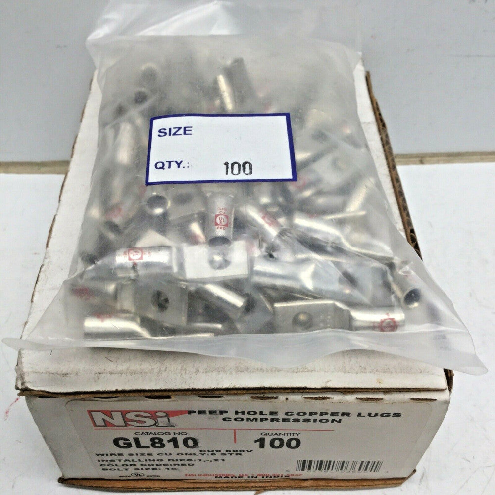 NSi GL810 Compression Lug 1 Hole 3/16”, 8 STR CU9 600V (LOT of 100) 1,-,21 BS 10