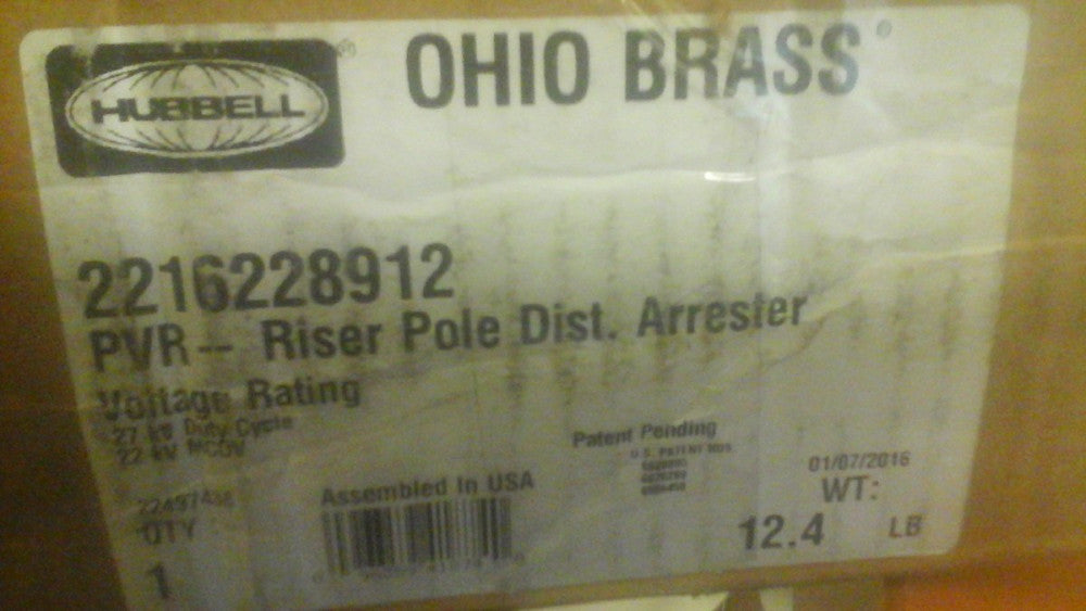 HUBBELL PVR RISER POLE  ARRESTER 27 KV DUTY CYCLE  22 KV MCOV