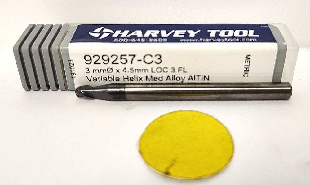 HARVEY TOOL HELIX END MILL 929257-C3 3MM CUT DIAM 4.5MM LOC