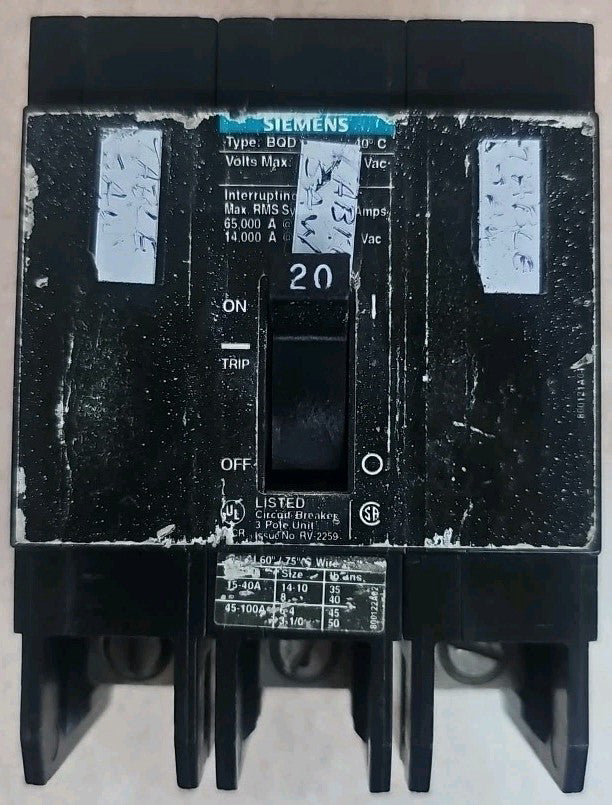 Siemens BQD320 20 Amp 480Y/277 Volt 3 Pole Bolt on BQD Circuit Breaker