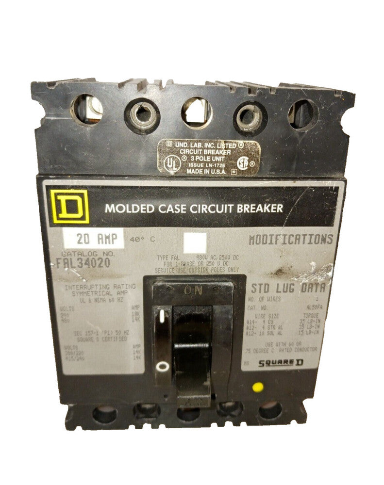 SQUARE D 20 AMP CIRCUIT BREAKER 3 POLE 480 VAC  FAL34020
