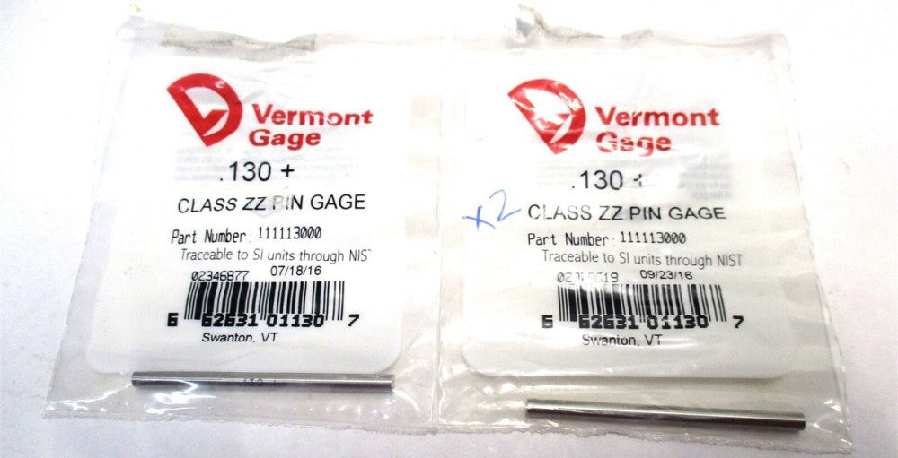 Vermont Gage (111113000) 0.130" Diameter Class ZZ Plus Pin Gage - Lot of 2
