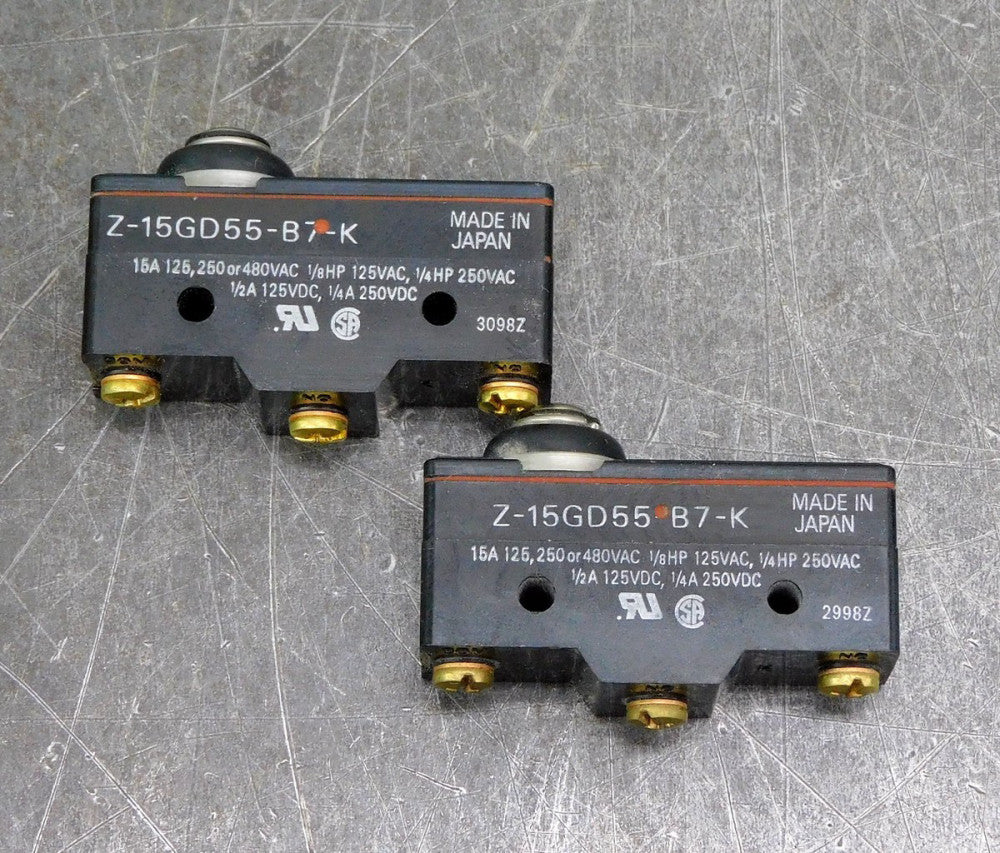 Omron Z-15GD55-B7-K Snap Action Switch 125 / 250 / 480V 15A Lot of Two (2)