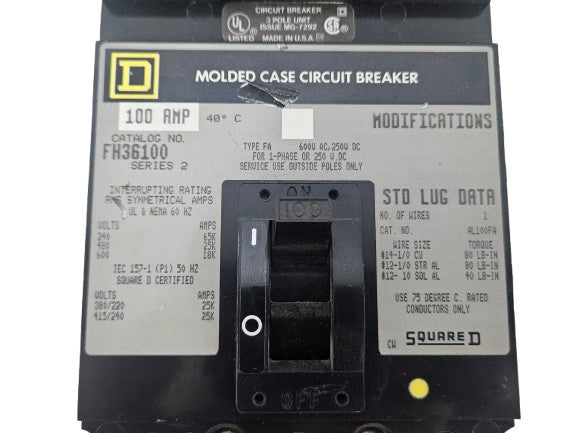 Square D FH36100 100A 25KAIC @ 480V 3-Phase I-Line Circuit Breaker