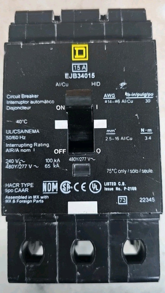 SQUARE D EJB34015 EJB 3 POLE 15 AMP 480v CIRCUIT BREAKER NTO