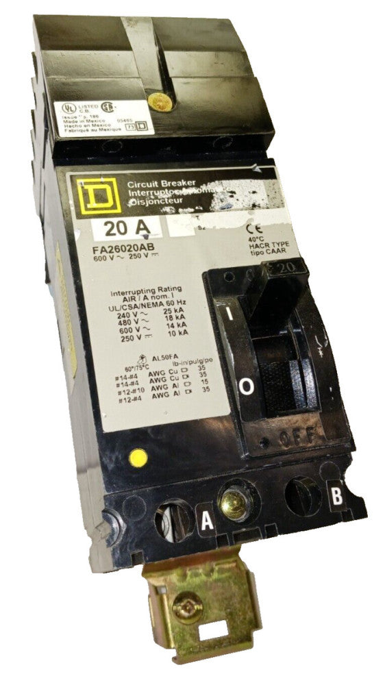 SQUARE D 20 AMP I-LINE CIRCUIT BREAKER 2 POLE 600 VAC / 250 VDC  FA26020AB