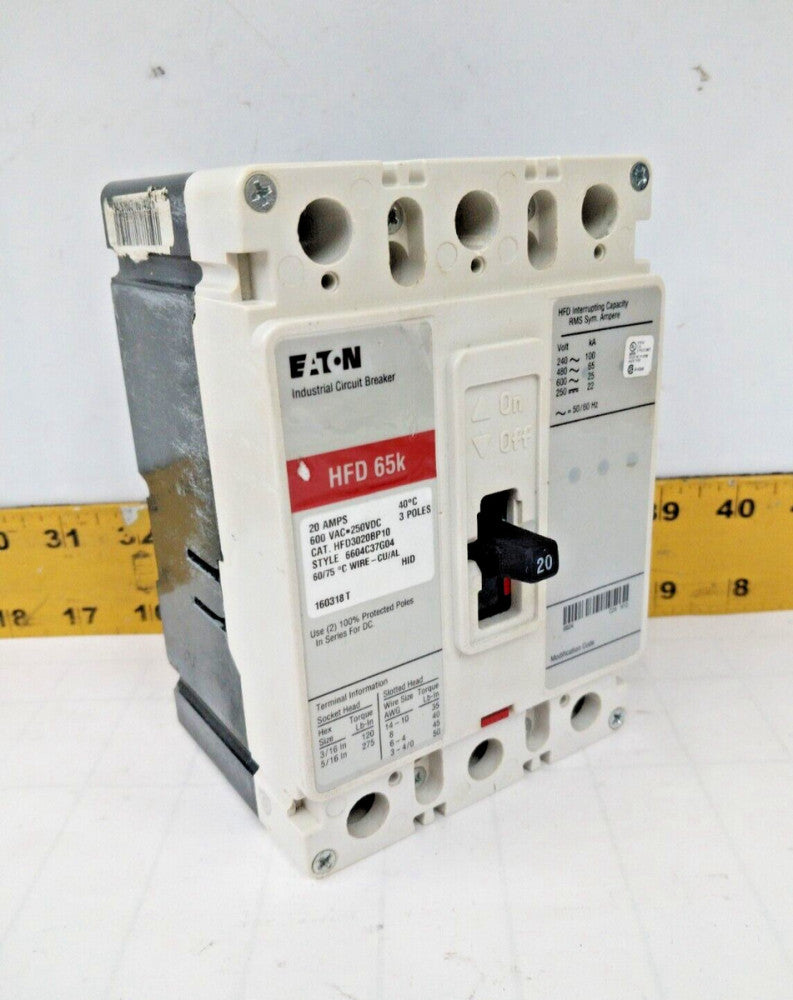 EATON 20 AMP CIRCUIT BREAKER 600 VAC / 250 VDC 3 POLE  HFD3020BP10