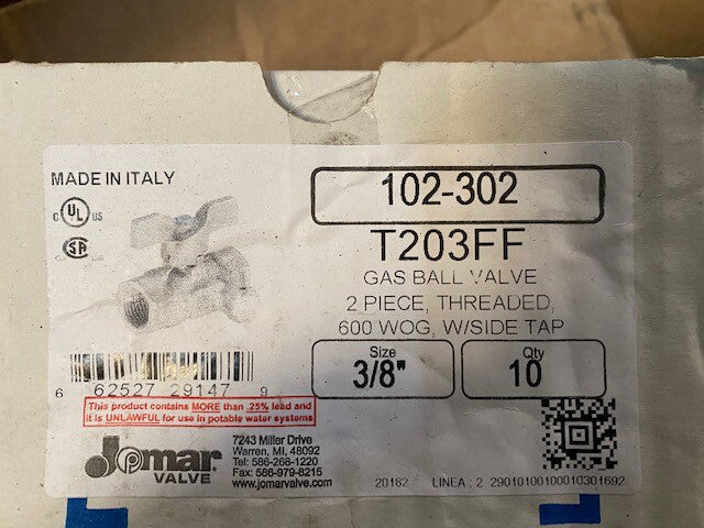 (10 Pack) JOMAR VALVE 102-302, 3/8" GAS BALL VALVE, 2 Piece Threaded, T203FF