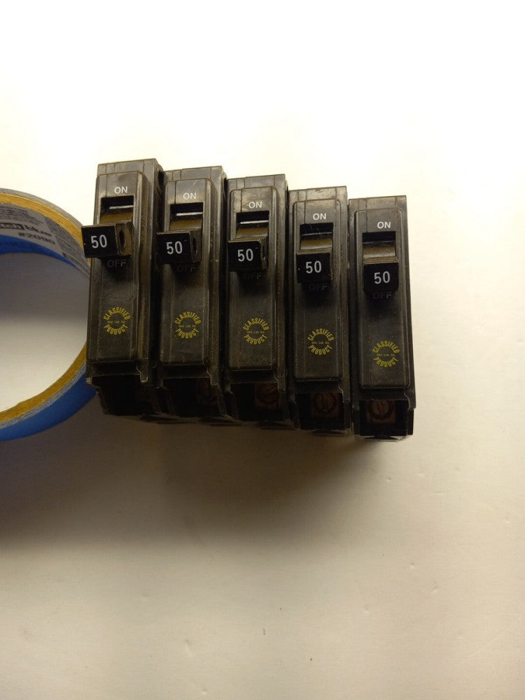 5 EATON CUTLER AND HAMMER CLASSIFIED 50 AMP 1 POLE CIRCUIT BREAKER CHQ150