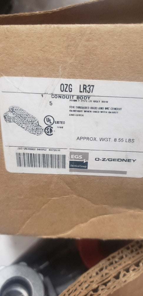 BOX OF 5 O-Z GEDNEY, CONDUIT BODY, LR37, FORM 7 TYPE LR, 1" HUB, 10.5 CU IN.