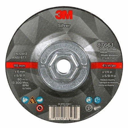 3M 87661 Depressed Center Grinding Wheel, Type 27, 4 1/2 In Dia, 0.25 In Thick,