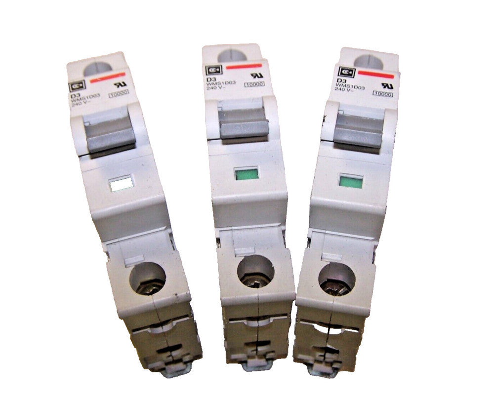 3) CUTLER HAMMER 3 AMP D3 CIRCUIT BREAKERS 240 VAC 1 POLE WMS1D03  LOT OF 3