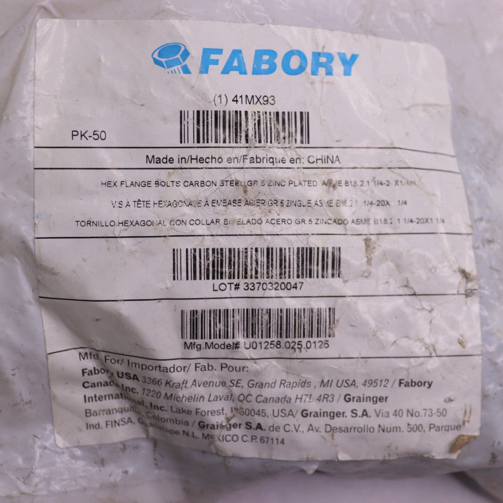 (50-Pk) Fabory Flange Bolts Zinc Plated Steel Partial Thread Grade 5 1-1/4"
