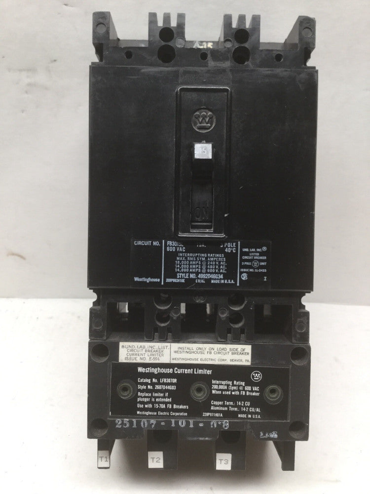 Westinghouse FB3015L Circuit Breaker W/ Current Limiter 3 Pole 480/600V 15 AMP