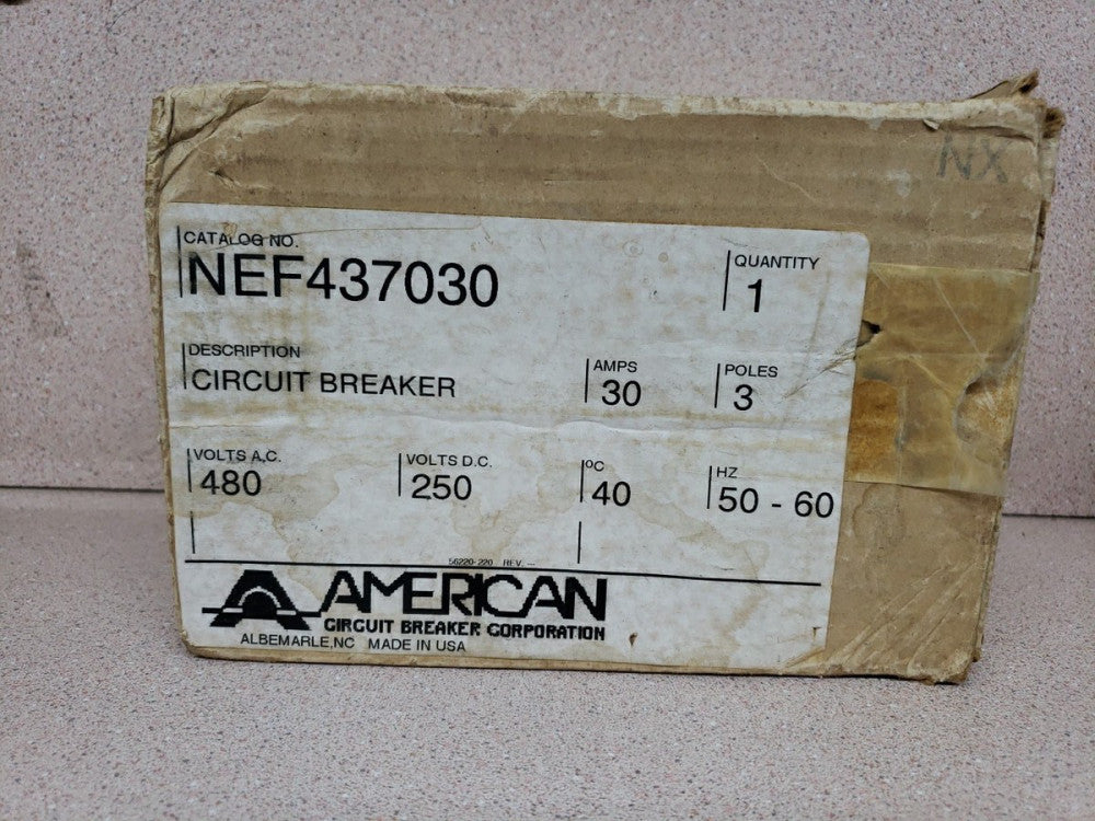 American NEF437030 Circuit Breaker 30 Amp 480 VAC 250 VDC 3 Pole Bolt On NEF NOS
