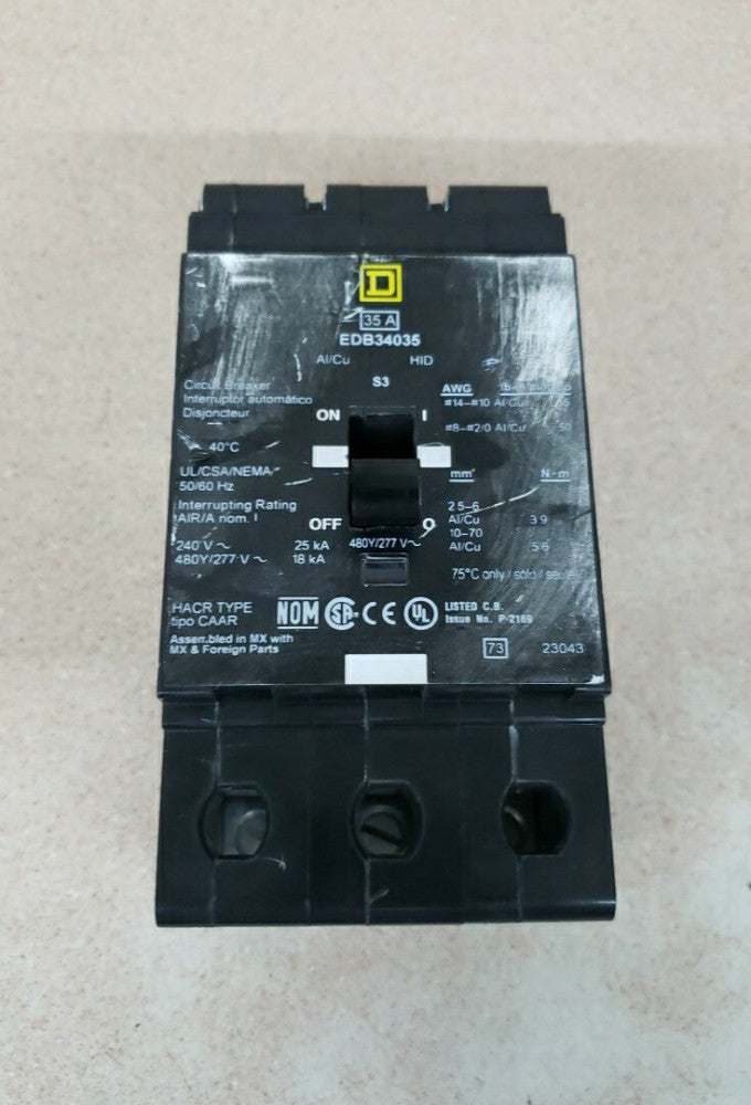 1) Square D EDB34035 35A 3 Pole, 480 Volt Breaker- new take out, damaged label