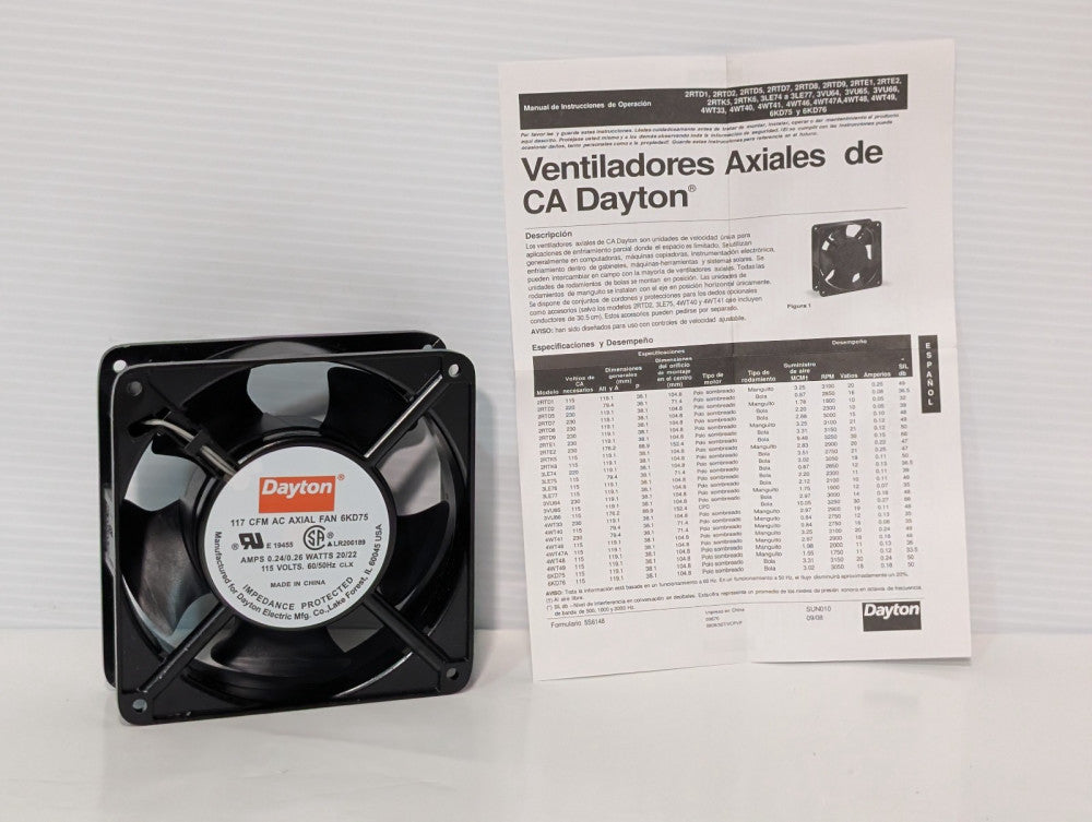 Dayton Electric 6KD75 AC Impedance Protected Axial Fan, 117 CFM, 115 V, 60/50 Hz