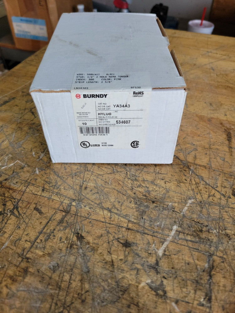 1) New! Burndy YA34A3 2-Hole Lug Compression Connector Straight Barrel 500kcmil