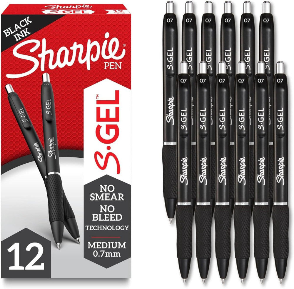 Sharpie S-Gel Gel Pens, Black Barrel, Medium 12 Count (Pack of 1), 