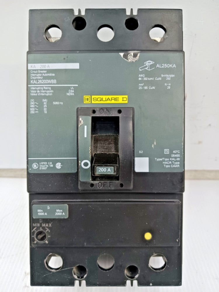 Square D 200 Amp Circuit Breaker 2 Pole 600 VAC / 250 VDC 25kA KAL26200WBB