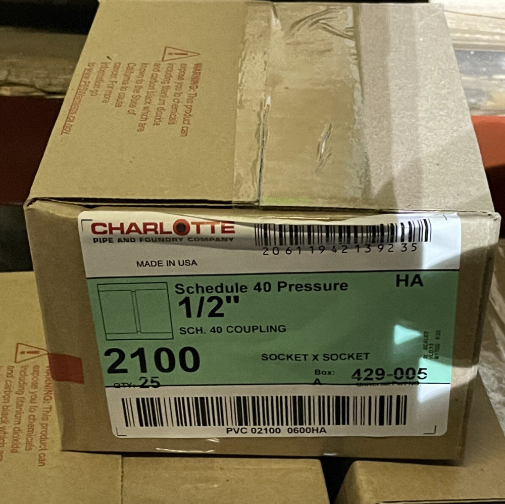 CHARLOTTE SCHEDULE 40 PRESSURE 1/2" COUPLING, 2100, 429-005 (25 PC LOT)
