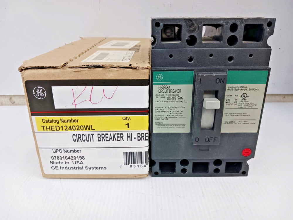 New GE 20 Amp Hi-Break Circuit Breaker 2 Pole 480 VAC / 250 VDC THED124020WL