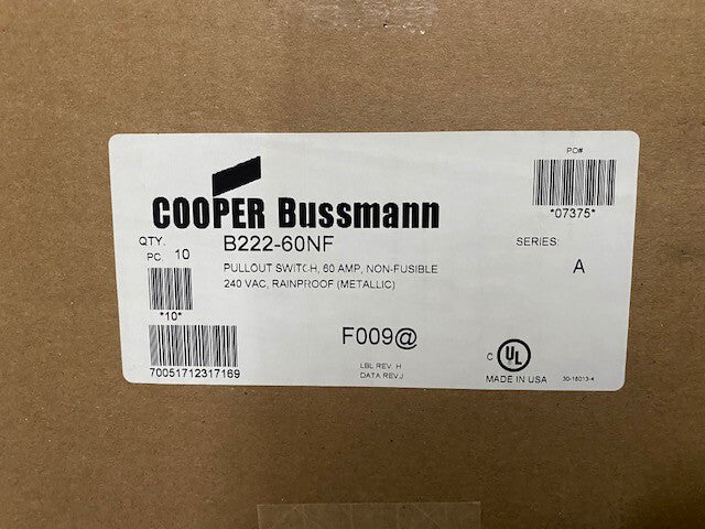 (Case of 10) B222-60NF Disconnect, 2 Pole, 240 V, 60 A, Rainproof, Non-Fusible 