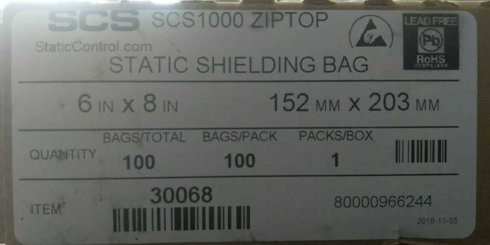 SCS1000 6" x 8" Static Shielding Bag ZIP Lot of 100 Bags Lead Free SCS