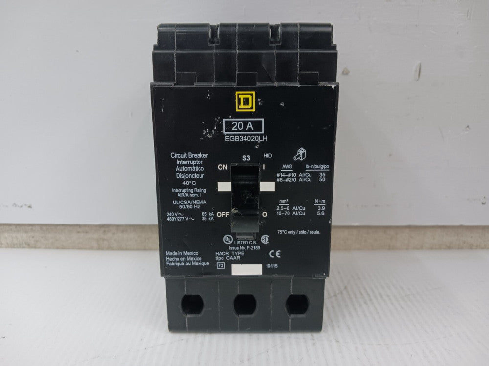 Square D 20 Amp Bolt-On Circuit Breaker 3 Pole 480Y/277 VAC 35kA EGB34020LH