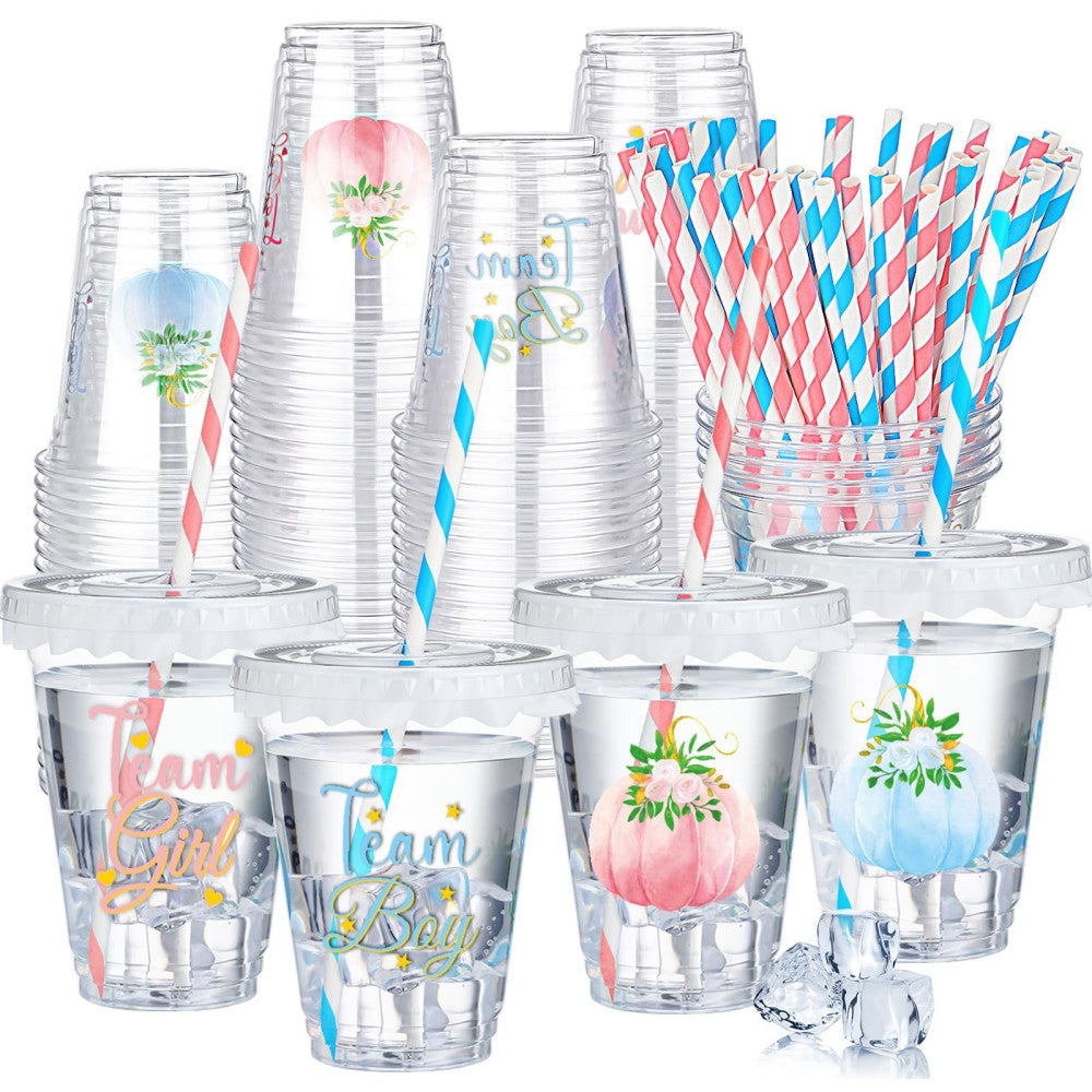 50 Set Pumpkin Gender Reveal Decorations 12 oz Team Boy Team Girl Cups with L...