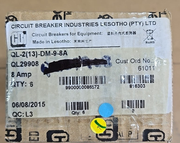 1) CBI Box of 6 QL29908 2 POLE 8 AMP Circuit Breaker
