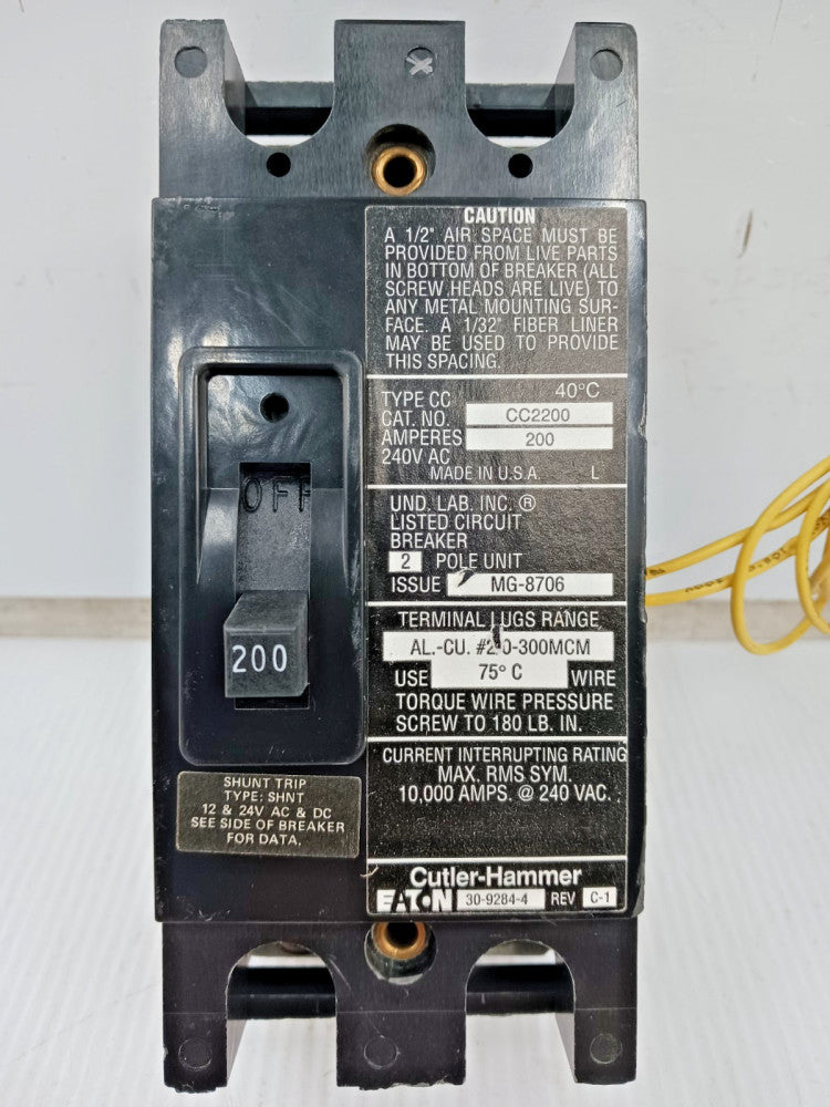 Eaton 200 Amp Circuit Breaker 2 Pole 240 VAC 10kA CC2200 W/ Shunt Trip