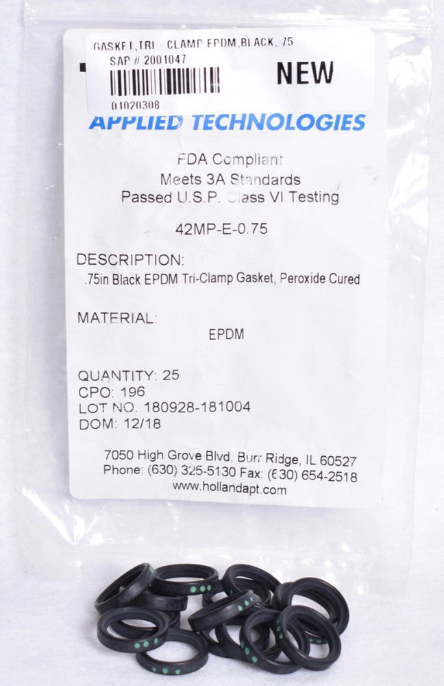 15 Count Holland Tech Black Mini Tri-Clamp Gaskets 3/4"  PTFE   42MP-E-0.75