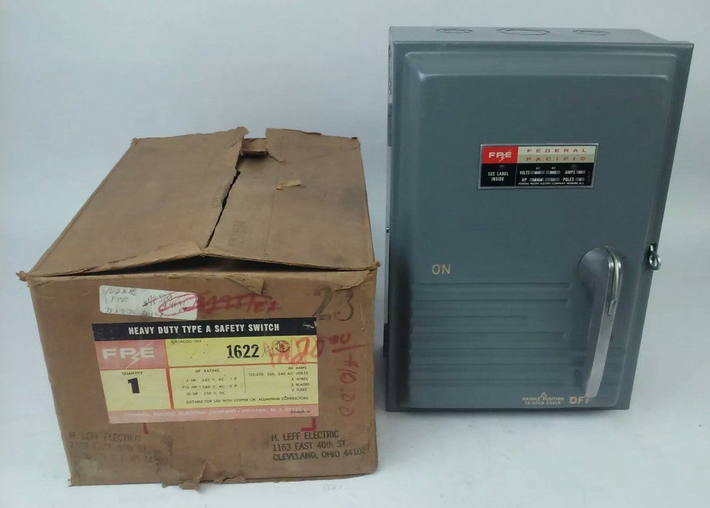 FPE 1622 1622R TYPE A FUSIBLE SAFETY SWITCH 3P, 60A, 240V, 3 WIRE, 2 BLADES 