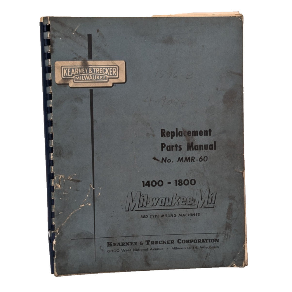 Kearney & Trecker MMR-60 Parts Manual for 1400-1800 Milwaukee Bed Type Machine