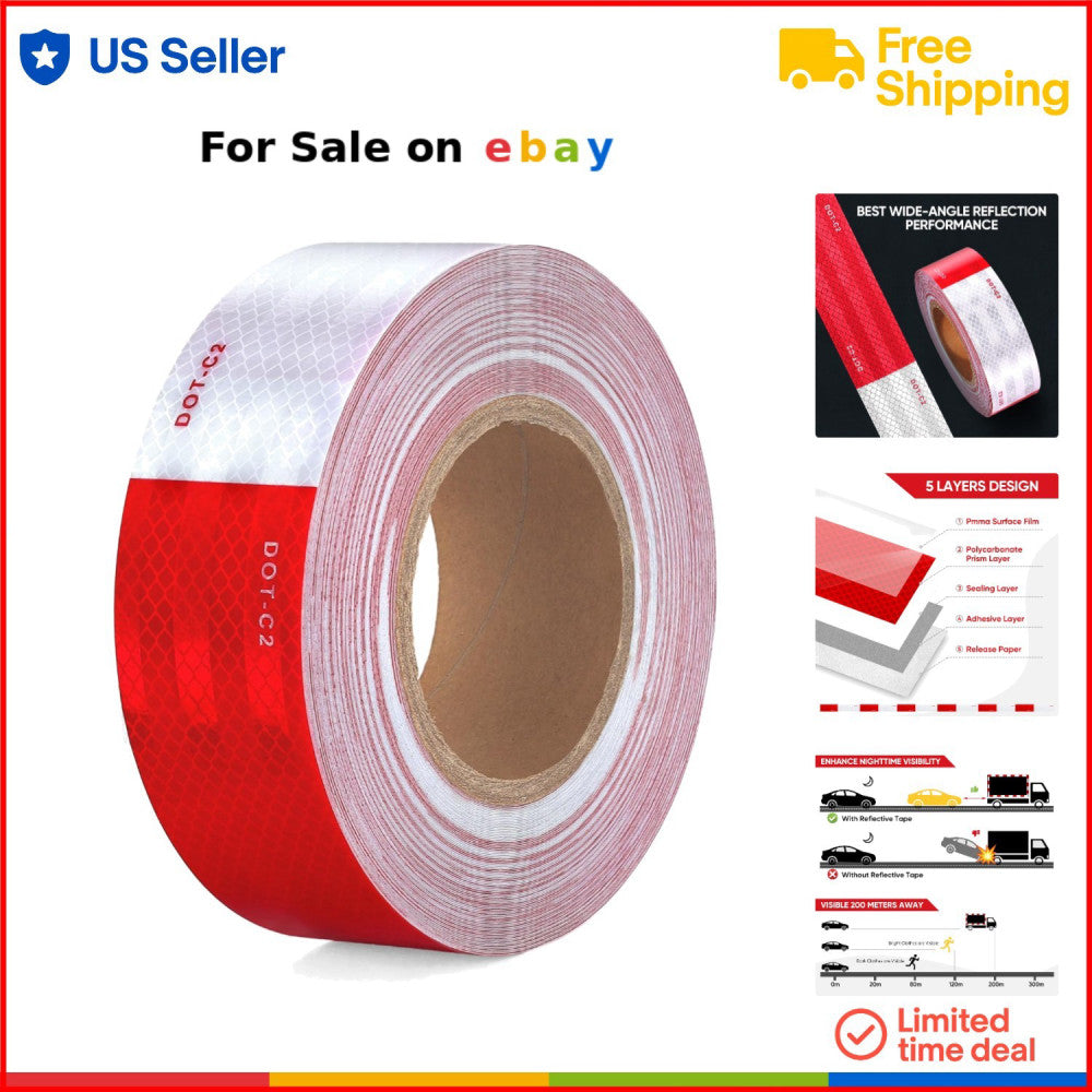 DOT-C2 Reflective Tape 2 Inch x 160 Feet Red White Waterproof Vehicle Trailer
