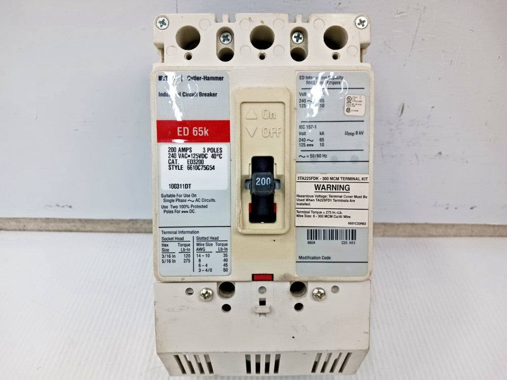 Eaton 200 Amp Industrial Circuit Breaker 3 Pole 240 VAC / 125 VDC 65kA ED3200