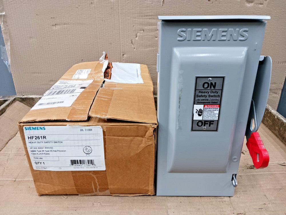 New Siemens 30 Amp Fusible Heavy Duty Safety Switch 2 Pole 600 VAC/VDC 3R HF261R
