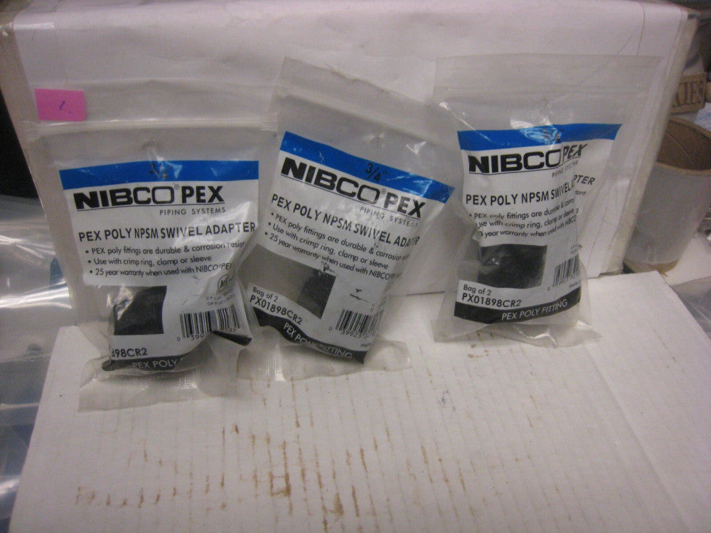 3 bags Nibco Pex 3/4"  Pex Poly NPSM Swivel Adapter Bag of 2 (PX01898CR2)  FS